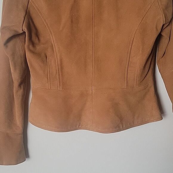 NEW INC Suede P 0 Leather Brown Tan Camel Ruffle Blazer Fitted Boho Jacket Bell - Picture 10 of 16